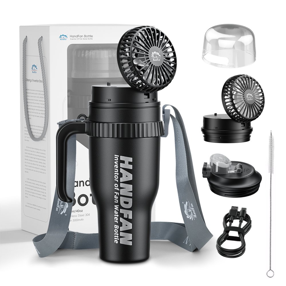 The HandFan 40oz tumbler in black with the fan raised, the handle, and the gray shoulder strap, in front of its gift box. Beside it: a clear fan cover, the fan lid, a flip-top straw lid, a USB-C cable, and a straw cleaning brush.