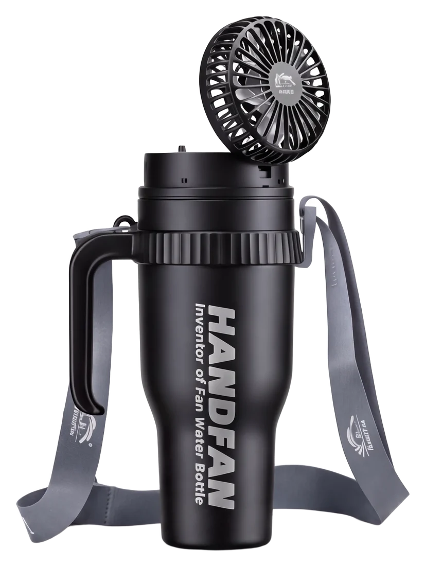 The 40oz HandFan tumbler in black with the fan raised on the lid, the handle, and the gray shoulder strap.