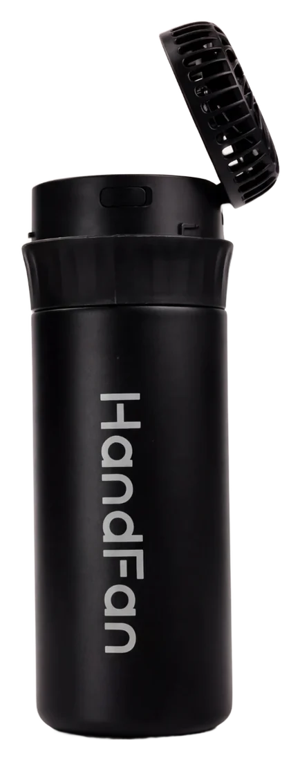 The 500ml Insulated HandFan Tumbler in black, with its fan flipped up from the lid.