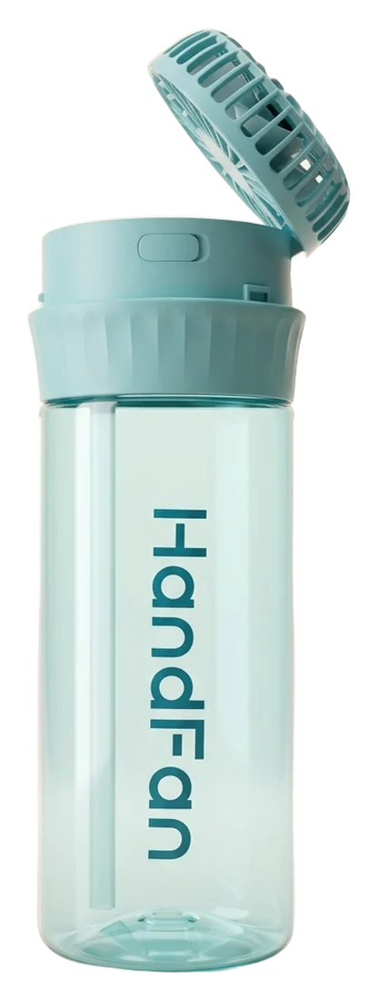 The 600ml Clear HandFan Bottle in blue, with its fan flipped up from the lid.
