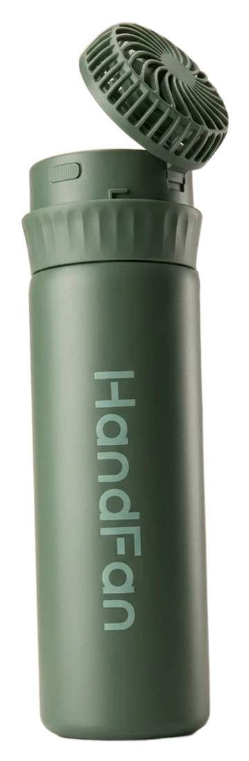 The 710ml Insulated HandFan Tumbler in green, with its fan flipped up from the lid.
