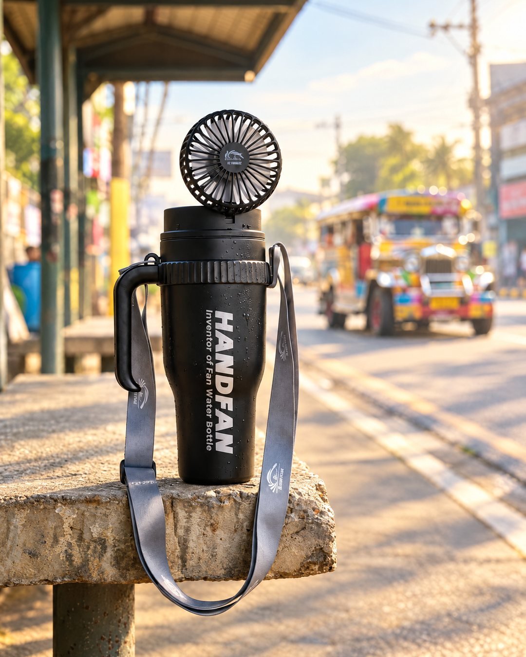 The HandFan tumbler on a concrete bench at a covered jeepney stop in warm morning sun, a jeepney behind it.