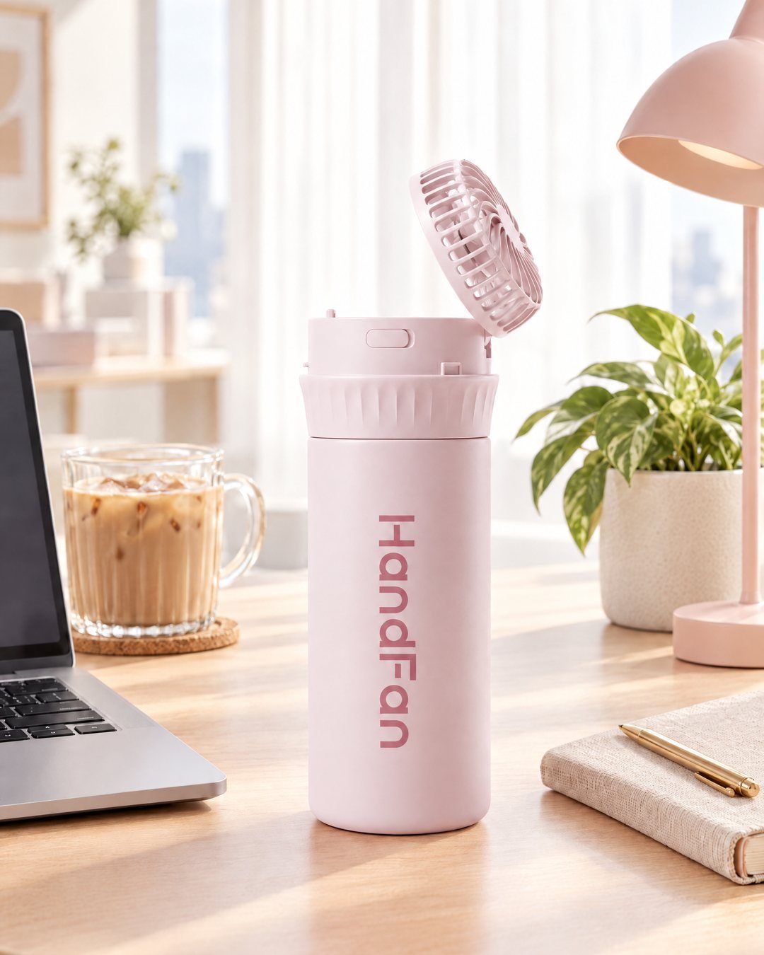 The 500ml HandFan tumbler in soft pastel pink on a sunlit office desk beside a laptop, an iced latte, a notebook with a gold pen, a plant, and a blush desk lamp.