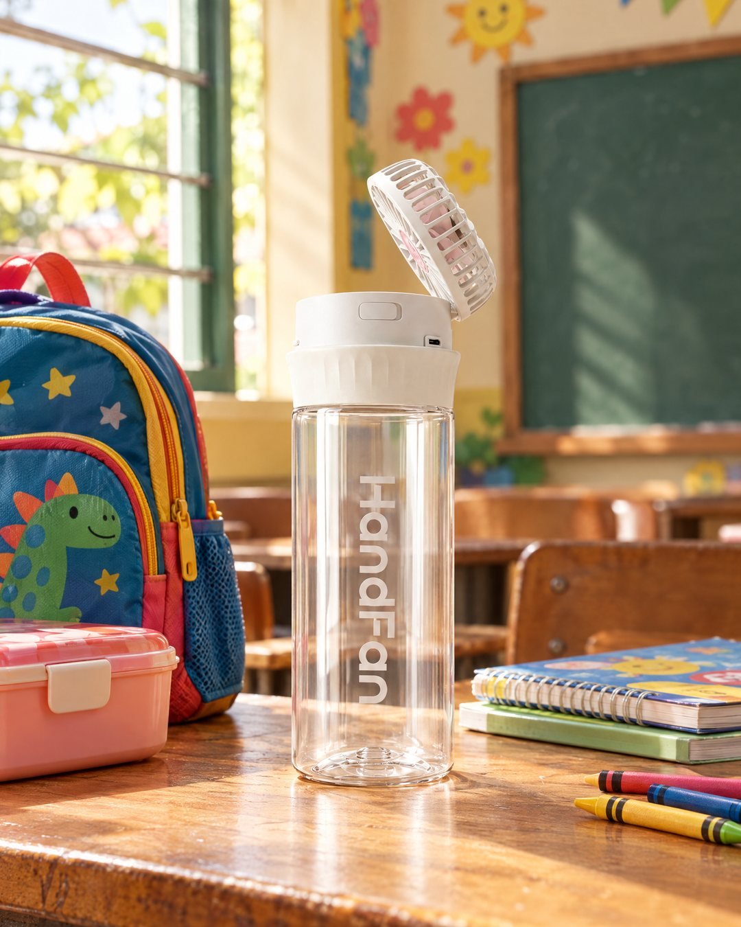 The 600ml clear HandFan bottle with a white lid on a wooden classroom desk beside a kid's backpack, a lunch box, notebooks, and crayons.