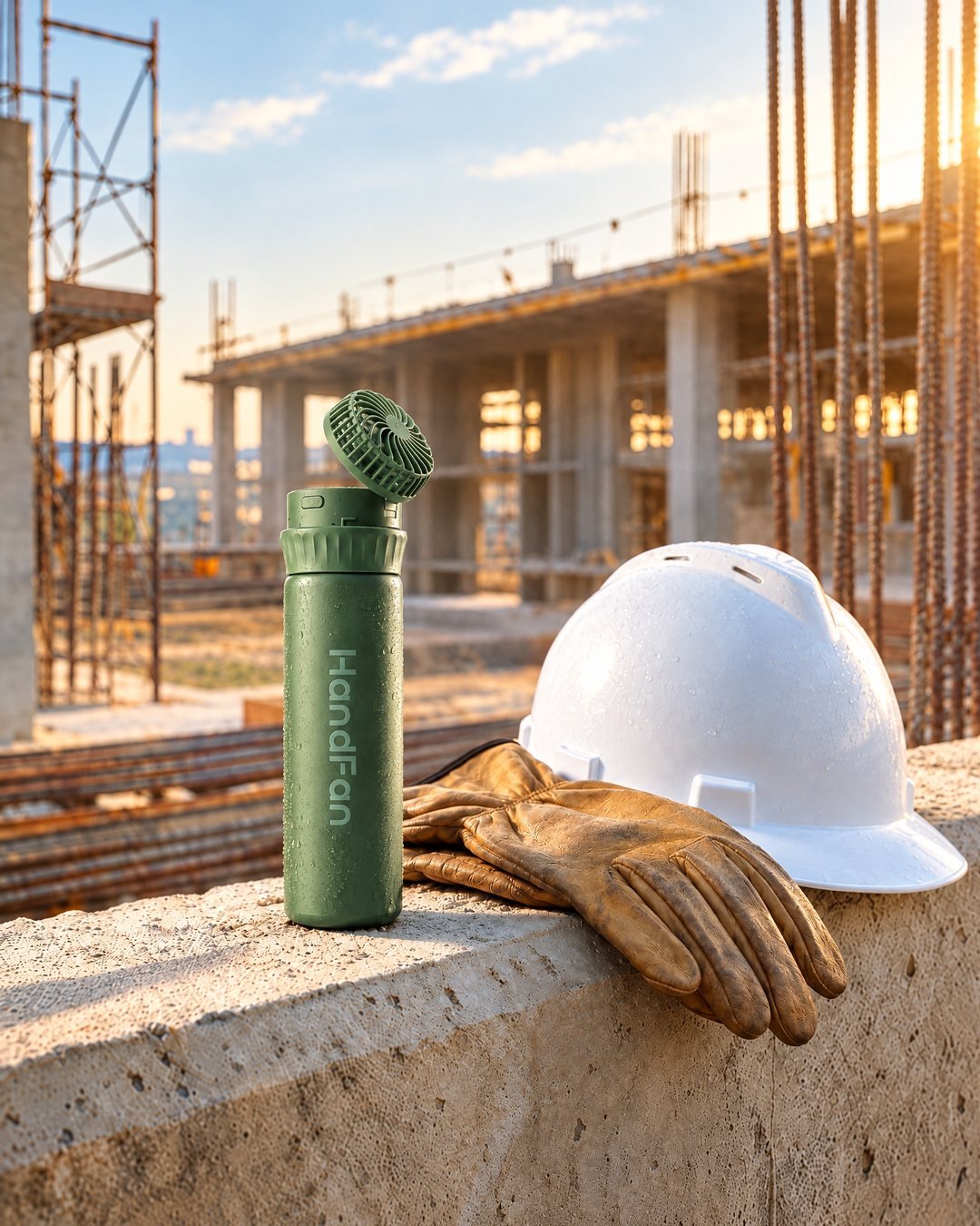 The 710ml HandFan tumbler in green, beaded with cold water, on a concrete barrier beside work gloves and a hard hat in warm morning sun.